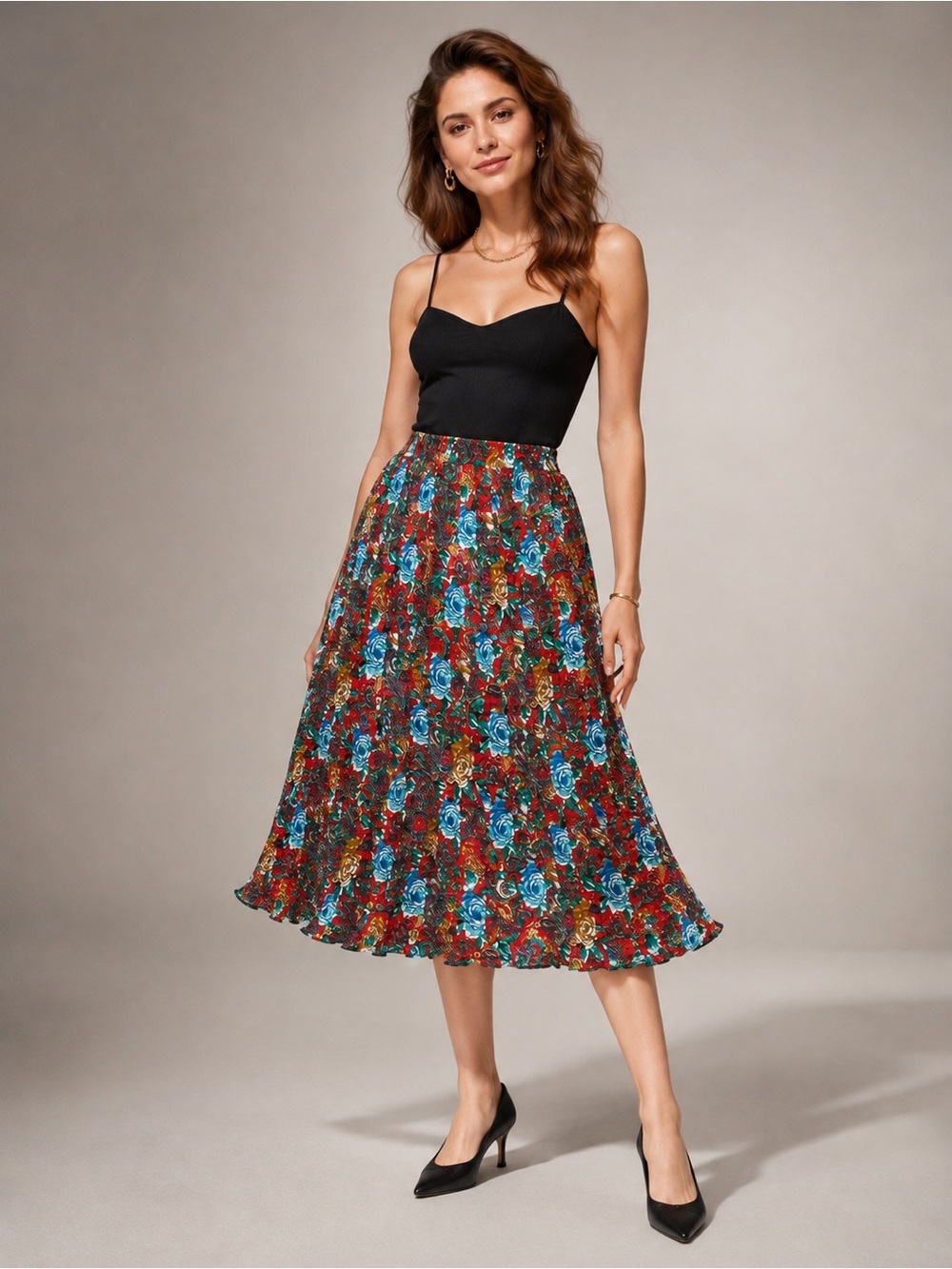 80’s/90’s Plisse Red Floral Paisley Pleated Midi Skirt Cottagecore Boho - Sz L